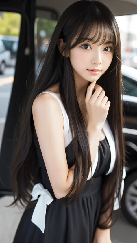 Shining, clear, white skin、Her windblown black hair hides her beautiful face.、huge、Sexy beautiful face of 28 years old、Beautiful straight hair that stands out、growing up, glowing light brown eyes、Sexy long silky bangs covering the eyes, Sexy young woman wi...