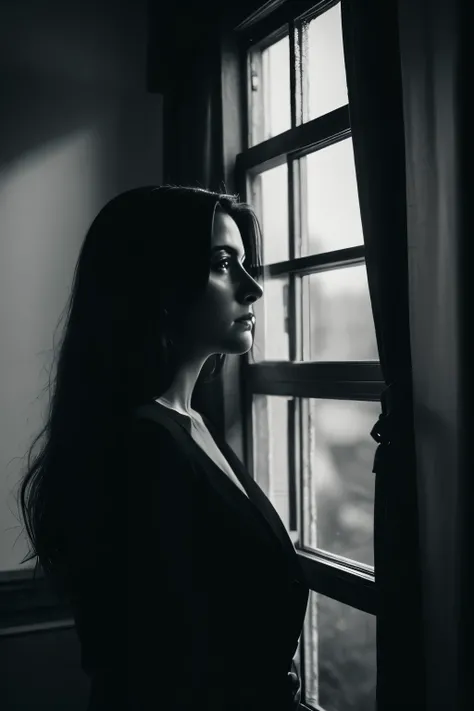 arafed black and white photo of a woman looking out a window, a black and white photo by Albert Welti, tumblr, digital art, alessio albi, emotive portrait, film portrait, 8k artistic portrait photography, atmospheric portrait, mysterious portrait, cinemati...