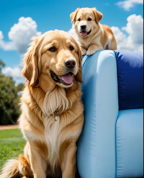 Crea un personaje de Disney Pixar como un perro golden retriever macho adulto, con ojos marrones brillantes y feliz. Fondo: un cielo azul con nubes blancas.