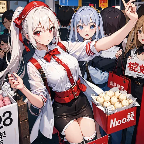 (add_detail:1) (best quality:0.8) perfect anime illustration, stunning girl, 30 years old woman at a sale stand, white and red flag, street sale, she is selling, bastets full of social media icons, selling heats, selling likes, selling speach bubbles, hear...