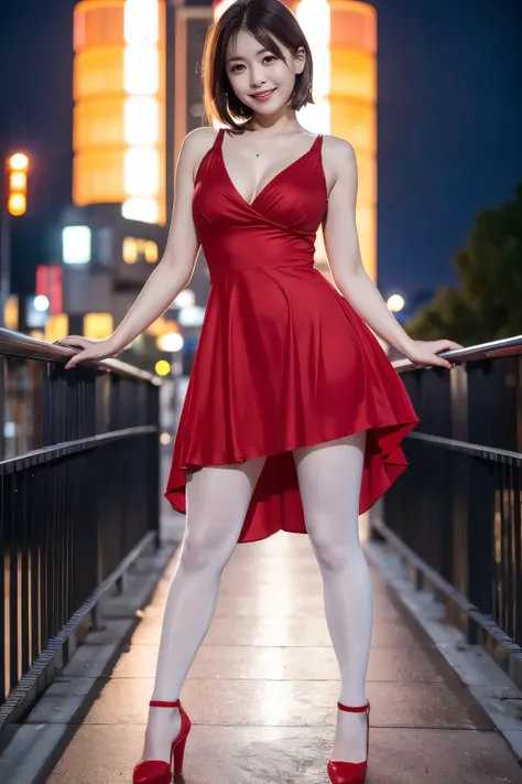 The beauty of 8K RAW photography:2.0, Japanese women, short hair, Beautiful face and dark eyes, Look down, Looking at the audience:1.5, Big smile, Wet Hair, Small Top, (Red dress:1.2), Glowing Skin, Spread your legs wide, Realistic:1.9, Very detailed, Full...