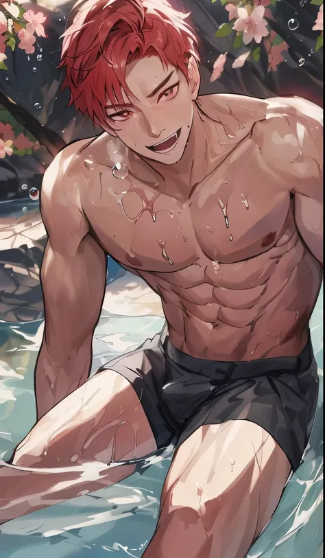 Anime red-haired boy takes off his shirt and sits in the water, Handsome guy in the art of slaying demons, Shirtless :: High Detail, muscular!!, Cool anime poses, Anime handsome man, Shirtless, male anime character, 4k comics wallpaper, Tall anime man with...