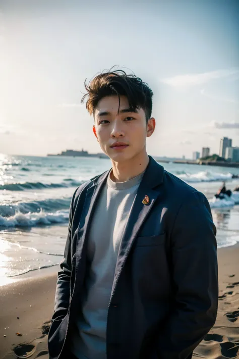 realistic photography, 8k , handsome young chinese man , beach