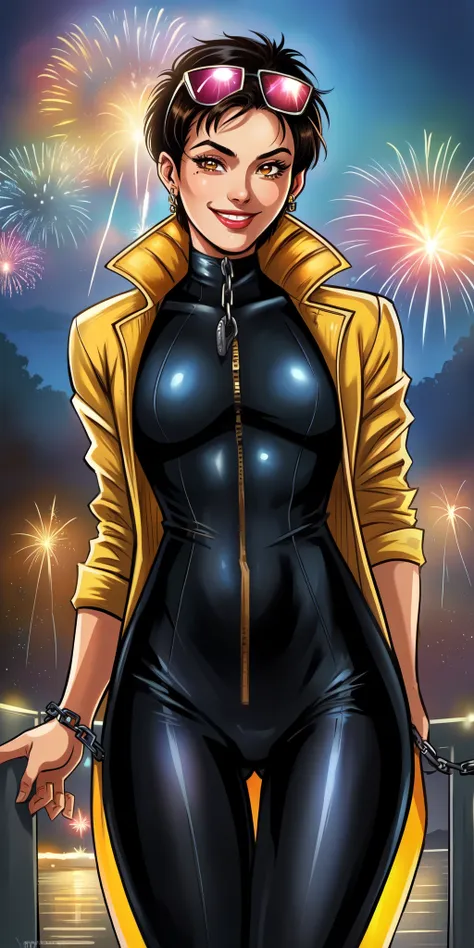 jubilee,short black hair, brown eyes, solo, standing,  cowboy shot, shades on head, 
open yellow jacket,  black body suit,  smil...