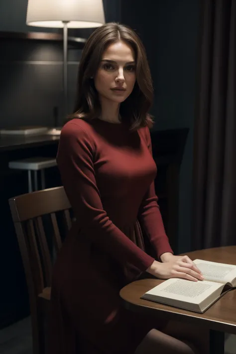 Woman 25 years old., similar a Natalie Portman,Bob brown hair, sentado a la mesa en toda su altura, vestido revelador de encaje rojo,  Hay un libro sobre la mesa,, contrato 8k, dim lighting, alta calidad, granularidad, Fujifilm XT3