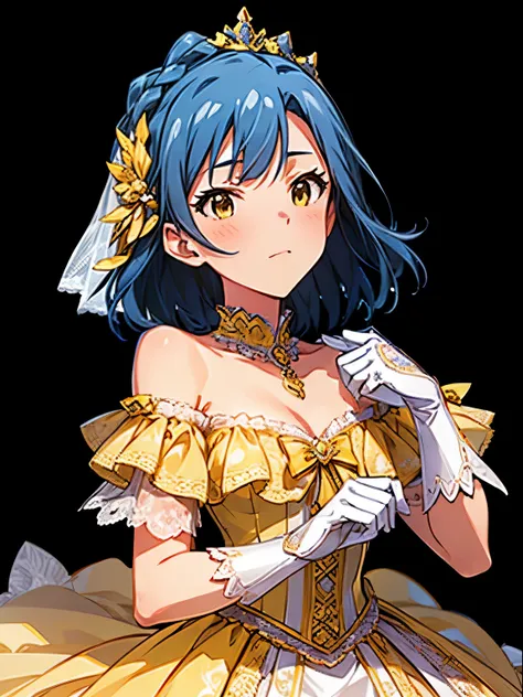 yuriko nanao (million live), 1 girl, Solo, Cute Girl,Best Quality, Ultra-detailed, 8K, High resolution, detailed face, (wedding dress, yellow dress, lacy dress, off shoulder, long gloves, tiara),