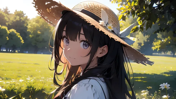 High detail，Hyper Detail，Ultra high resolution light brown eyes，Long-haired girl enjoys time in the field，Surrounded by natural beauty，The warm sun shining down on her，White flowers swaying gently in the breeze。Butterflies and birds flutter around her，It a...