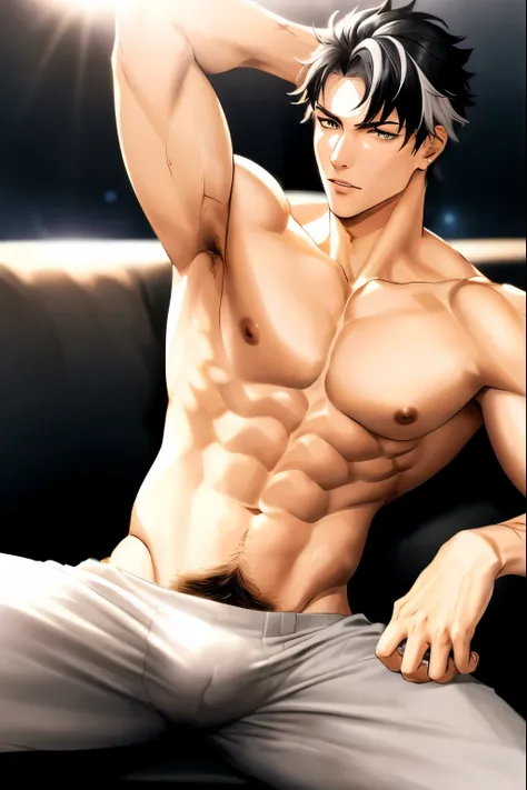 Anime Male，No shirt，Sitting on the sofa，Arm over head, Cool anime poses, Anime handsome man, muscular!!, muscular!, Shirtless :: High Detail, Kentaro Miura Art, muscular!!!, Semi-realistic animation, Perfect body, 蓝眼睛的高个子Anime Male人, muscular的姿势, Smooth an...