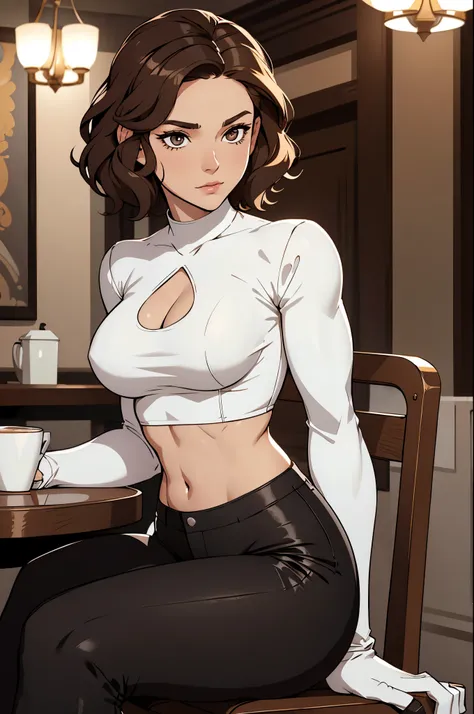 masterpiece, best quality, black pants, white tight shirt with a midriff cutout, looking  in love at viewer, wavy hair, brown hair, short hair, age 22, high legs, boots, gloves, fancy restaurant, muscular, beautifully face, no spots, dynamic pose, sitting ...