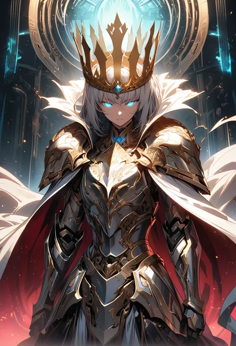 t, futuristic, glowing eyes, metallic armor, majestic crown, flowing cape. Medium: Digital Illustration. Additional details: intricate engravings on armor, ethereal background, intense gaze, regal posture.