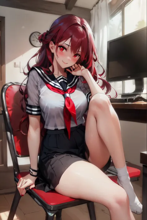  1 Girl, Solitary,, black High Leg Raise, breast, cleveage,chen motong, long hair, (((red hair))), (((red eyes))),Hair hanging down on both sides of the face，Hair hanging down on both sides of the face，Hair hanging down on both sides of the face，（Red pupil...