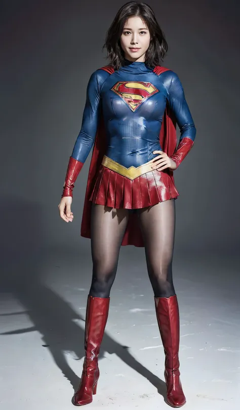 No background、(((Beautiful legs in black tights.)))、(((Legally express the beauty of your smile)))、((((Make the most of your original images)))、(((Supergirl Costume)))、(((Beautiful short bob hair)))、(((suffering)))、(((Please wear black tights....、Wear red ...