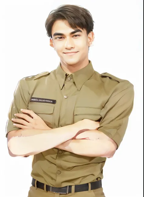 A man with short black hair, comma bangs, sharp brown eyes, thick eyebrows, high and well-built body, smiling, charismatic, wearing khaki safari uniform, crossing his arms