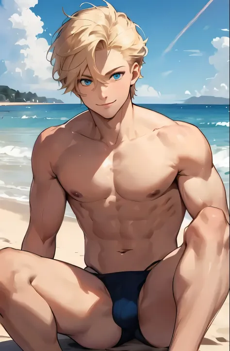 一名男子脱掉上衣坐On the beach, Tall anime man with blue eyes, Cool anime poses, male Anime Characters, Anime handsome man, Handsome guy in the art of slaying demons, Young anime man, on the beach, anime boy, On the beach, XQC, Blonde guy, Male anime style, Anime C...