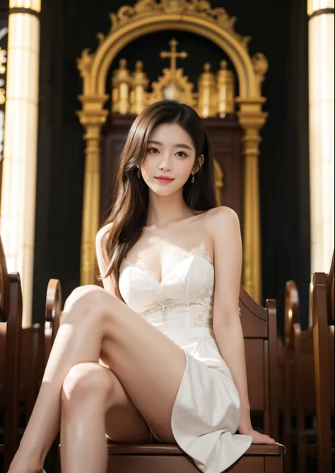 Beautiful 25 year old  woman。She is wearing a summer wedding dress. She is sitting a chairs. She has her legs crossed and one leg is visible. She is shying and smiling on illuminated by the evening church lights . her black hair. High resolution、masterpiec...