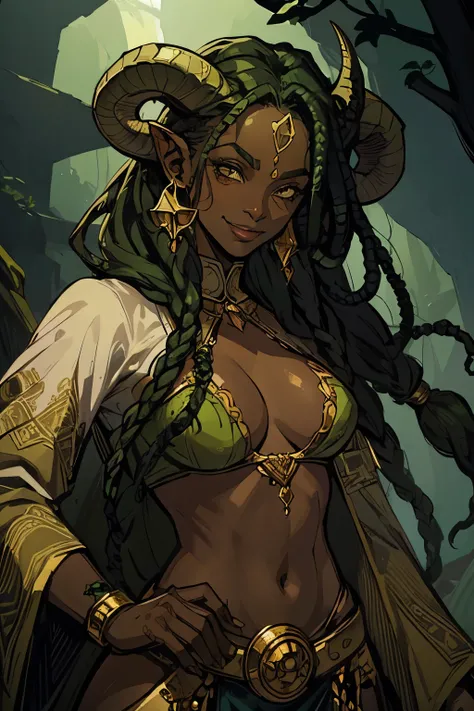 dark skin tiefling woman with long horns, horns growing from forehead, green hair, dreadlocks, green dreadlocks, fancy mantle with sleeves, scaly armor bra, snake scale bra, mystic atmospere, playfull smile, gray eyes without pupils, golden jewerly, swamp ...