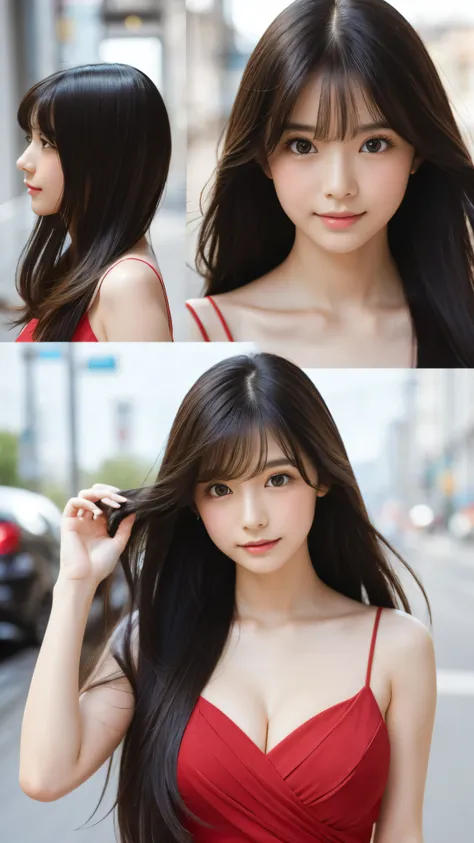 Shining, clear, white skin、Her windblown black hair hides her beautiful face.、huge、Sexy beautiful face of 28 years old、Beautiful straight hair that stands out、growing up, glowing light brown eyes、Sexy long silky bangs covering the eyes, Sexy young woman wi...