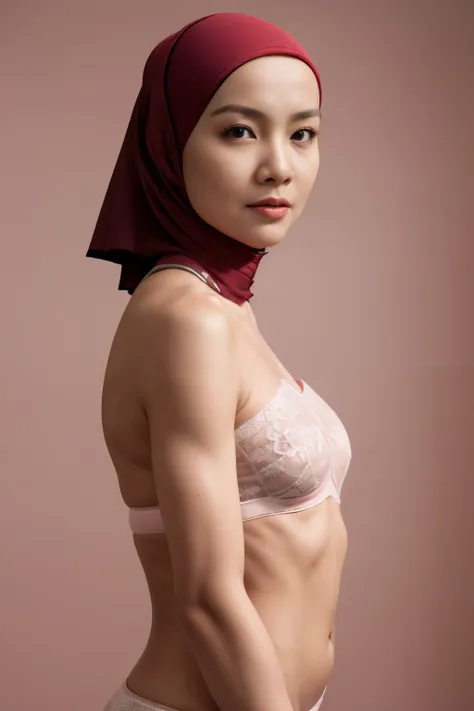 lace blindfold,  ((hijab)), ((flat chest:1.7)), (dynamic photograph of a 58 year old indonesian woman), (slim top, cotton pantie...