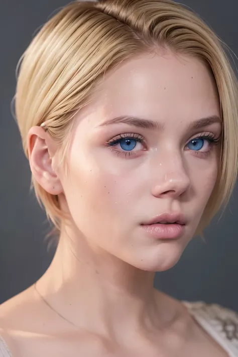 ((AlexiaThompson01R face)). White background. beautiful. perfect, Blonde hair, short hair, blue eyes. closed look. Vibrant Blue Eye. loose hair. hair falling over one eye. pink lips. perfect, white skin. thin nose, thin chin. (location: jail, cell, prison)...