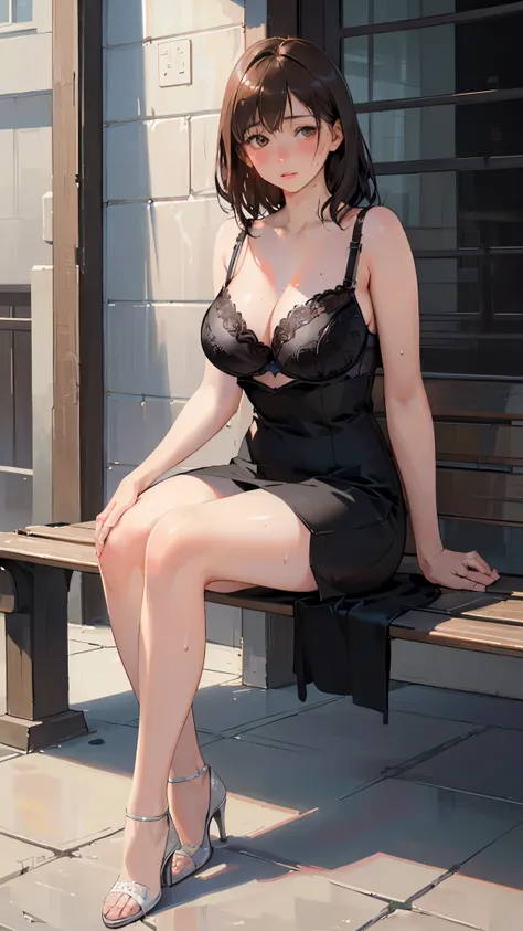 (realistic, photorealistic:1.4),1woman,mature female,huge footers,solo,sitting on the bench,(bra,panty,high heels),dark brown ha...