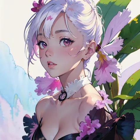 (highest quality、High resolution、masterpiece)、4K Anime Art、((Background Art))、One Woman、Cattleya flower、cattleya, labiata, alba, semi-alba, rosada, flower, (Tropical flowers and ornamental plants)、((Sargent-style watercolor))、((White Background))、(No backg...