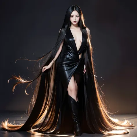 Super Long Hair、Best image quality、highest quality、Highest Resolution、Ultra-realistic photos、Full body photo、1 girl、Very beautiful face、Super super long hair、Hair Length Approx.５Meters、Straight black hair、Black hair longer than height、Black hair that hasn&...