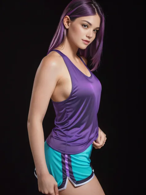 Shapely woman in a purple top and blue shorts posing for a photo, arms to the side, half-length photo, tight photo, half-length photo, half-length photo, violet tight top, half-length close-up, portrait photo full body, full body and head photo, half body ...