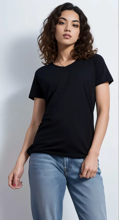 a woman in a camisa preta and jeans posing for a picture, black camiseta, Camiseta preta, wearing a Camiseta preta, camiseta preta, vestindo uma camiseta preta, vestindo camiseta preta, wearing a camisa preta, camisa preta, Manga curta, vestindo uma camise...