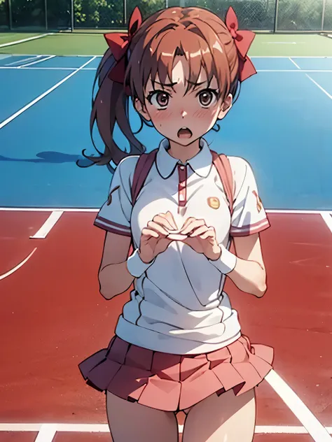 NSFW,shirai_kuroko,Tennis Wear,Micro Mini Skirt,Surprised,blush,Tennis court,(Perfect hands),(Perfect Anatomy),(masterpiece),(highest quality)