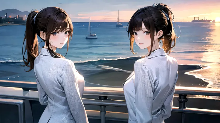 Are standing、From the back、whole body、1 female、30 years old, Medium Hair, Brown Hair,ponytail , office lady,suit,Seaside、Towards the sea at night,  highest quality,  High resolution,  Very detailed,  Detailed Background, 