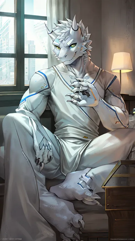 Robot Dragon，White Dragon，White Hanfu，Antore，Sitting by the window of the apartment，HD Graphics，Detailed and realistic，High Detail，high quality，Photo-realistic，Realistic eyes，Detailed claws，clear visual artwork，Five finger hand，Top quality，32k，Ultra HD