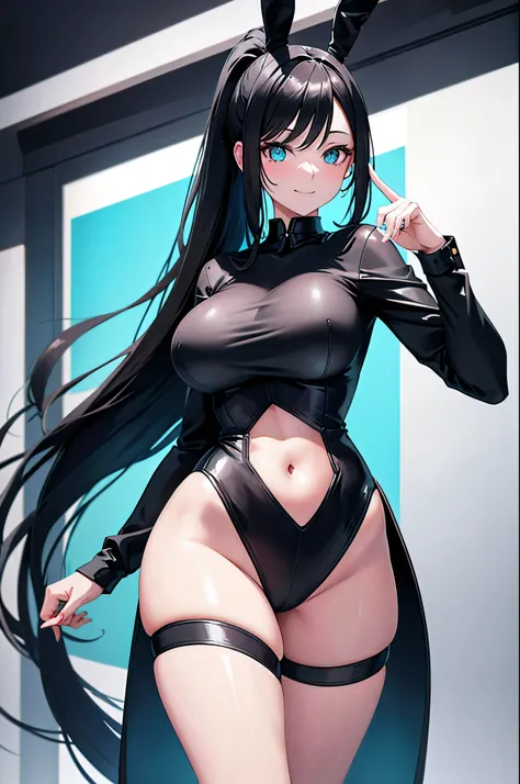 Adult woman, Long black hair, high ponytail, bunny ears, turquoise eyes, black skintight clothes, ssmile, Masterpiece, hiquality wide hips ,cowboy shot , large breasts , sexy