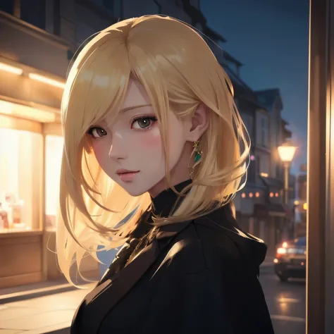 A long-haired blonde woman standing in front of a store, Anime Style. 8k, Anime Style 4 k, Gweiz-style artwork, Beautiful anime portraits, Digital anime illustration, Anime Style portrait, Realistic Anime 3D Style, Anime Girl Portrait, Anime Girl Portrait,...