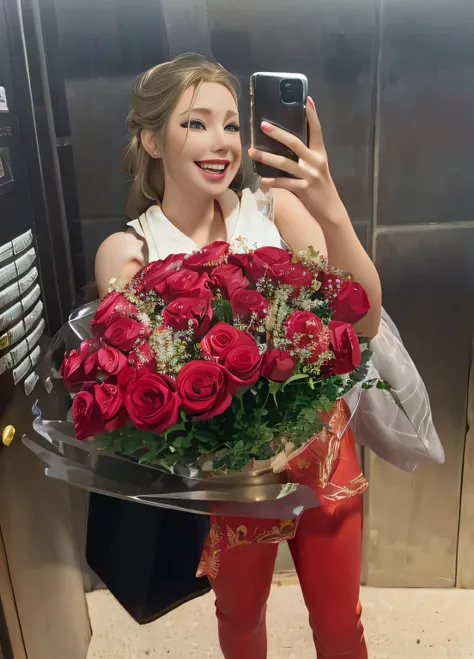 happy blonde woman holding a bouquet of red roses, beautiful detailed eyes, beautiful detailed lips, extremely detailed face, long eyelashes, flowing golden hair, gentle smile, radiant with joy, vibrant garden background, sunlight filtering through trees, ...