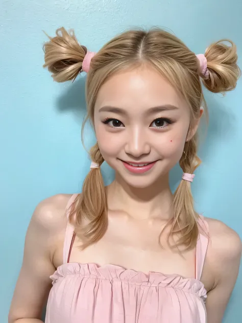 (highest quality、8k、32k、masterpiece、Hmph:1.2)、17 years old、Blonde、Cute Japanese Women Photos、thin、slender、1 girl、(Twin tails)、(Small Tits)、double eyelid、 Pink bandeau dress:1.1,Thighs、Light blue wall、whole body、smile、sexy