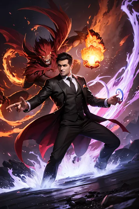 a man who have a fire magic fight with his brother that can summon moster.Both of them wear suit