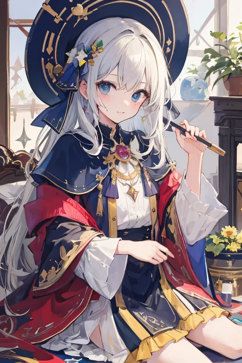 ((highest quality)), ((masterpiece)), (detailed), Cute , Wizard&#39;s Clothes, Wizard&#39;s Hat, universe, star, Red Eyes, bell, Green medium-long hair, Magic book, 