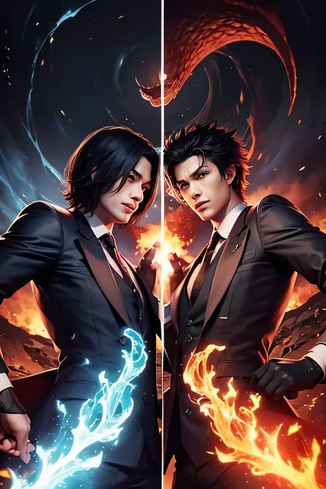 2 men fight each other with one man who has fire magic and another man who can summon moster. Both of them wear suit