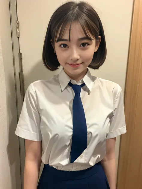 (highest quality、8k、32k、masterpiece、Hmph:1.2)、sexy、17 years old、Cute Japanese Women Photos、Twin tails、thin、slender、1 girl、(Bobcut)、(Small Tits)、double eyelid、 White open front shirt、Red tie、You can see her underwear faintly、Navy blue mini skirt、Thighs、Ligh...