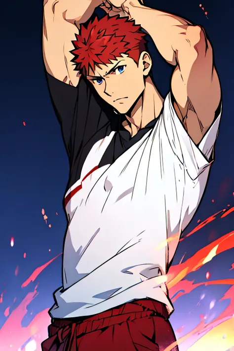 Emiya Shirou is flexing his biceps while his black tshirt is lifted up. His tshirt has short sleeves.