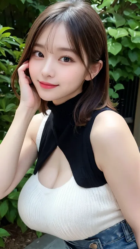 Tabletop、highest quality、shape、 Very detailed、High resolution、8k wallpaper、Perfect dynamic composition,、Beautiful and detailed ideal hair、(Beautiful big breasts:1.3)、Natural color lip、Bold sexy pose、smile、Harajuku、20-year-old girl、cute、sexy shot looking at...