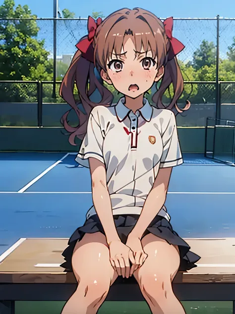 NSFW,shirai_kuroko,Tennis Wear,Micro Mini Skirt,black lace panties,Surprised,blush,Tennis court,(Perfect hands),(Perfect Anatomy),(masterpiece),(highest quality),Sitting