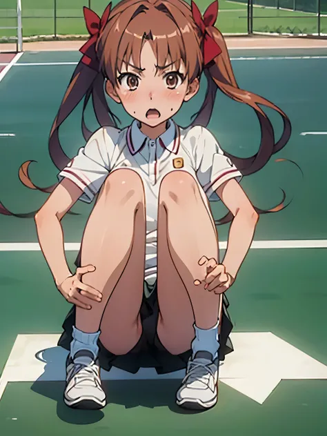 NSFW,shirai_kuroko,Tennis Wear,Micro Mini Skirt,black lace panties,Surprised,blush,Tennis court,(Perfect hands),(Perfect Anatomy),(masterpiece),(highest quality),Sitting