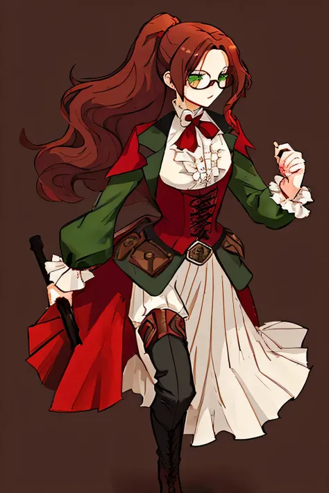 female character wavy dark red hair in a ponytail and green eyes with rectangle glasses wearing an elegant black and maroon hero outfit with brown boots that up to the knees and a Victorian era red parasol