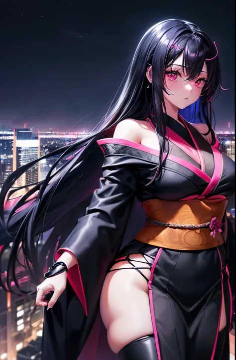 anime, (obra de arte, melhor qualidade, ultra-detalhado, alto contraste), 1 mulher (Sozinho, corpo todo, corpo plus size, standing on the edge of the skyscraper, cabelo prateado, CABELO LONGO E FLUXO, olhos vermelhos brilhantes de rubi, (Kimono preto, blac...