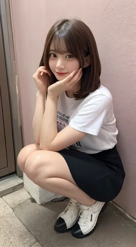 In detail,Full body photo、 smile、High resolution, high quality、Perfect dynamic composition, Beautiful fine details, Blonde、Bobcut、Natural color lip,Kamimei、16-year-old girl、1 person、Clear Skin、White shirt、Red mini skirt、Thighs、Shiny Hair、最high quality, fig...