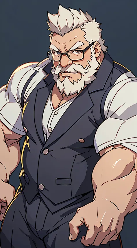 solo, 1boy, huge muscular old man wearing suits and glasses, short white hair, bearded, mustache, office background, halfbody, l...