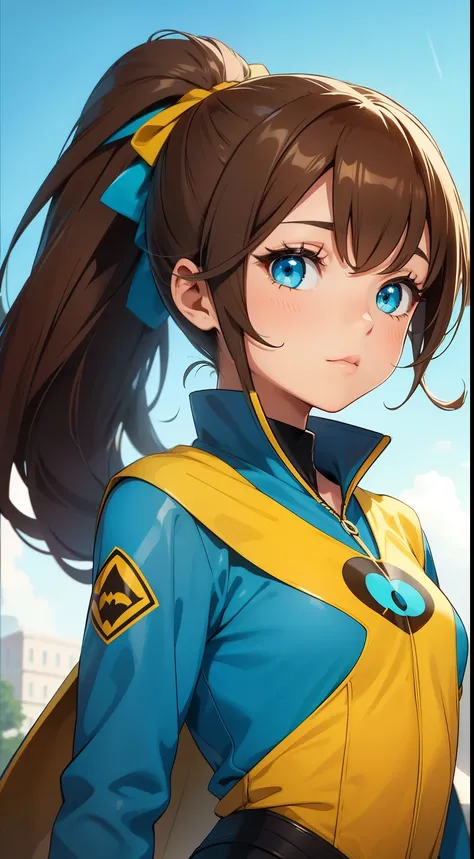 young girl, Long brown hair, high ponytail, Cyan eyes, Blue and yellow superhero uniform, Masterpiece, hiquality