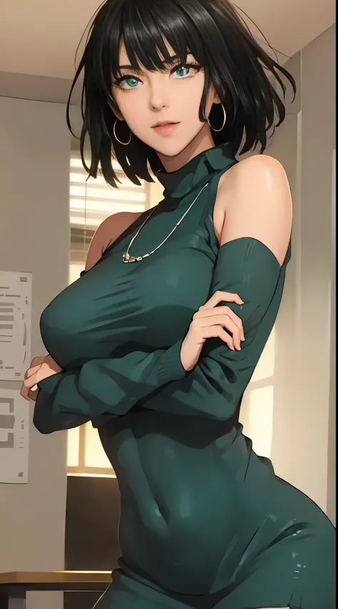 green eyes，green color hair，By bang，short hair, 
BREAK (sweater dress, virgin killer sweater, clothing cutout, turtleneck, sleeveless, bare arms:1.2),
BREAK spread legswide,Smiling,
BREAK (masterpiece:1.2), best quality, high resolution, unity 8k wallpaper...