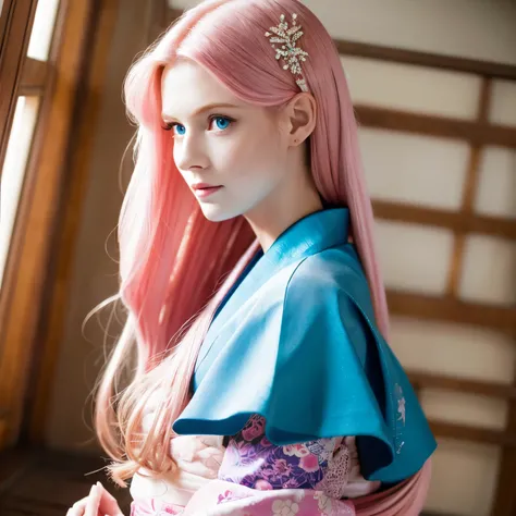 masterpiece, highest quality,Lux BK, One girl, alone, Long Hair, Pink Hair, very Long Hair, blue eyes, hair ornaments, kimono, Removable sleeves